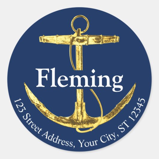 ネイビーブルーと金ゴールド航海のいかり結婚ズ ラウンドシール (正面)