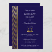 ネイビーブルーと金ゴールド誕生日ディナー 招待状 (正面/裏面)