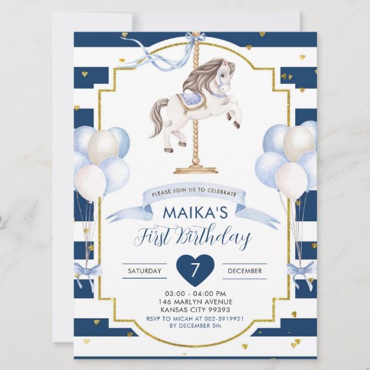 ネイビーブルーと金ゴールド誕生日招待状 招待状 (正面)