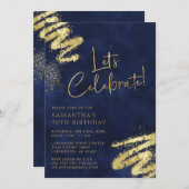 ネイビーブルーと金ゴールド誕生日招待状 招待状 (正面/裏面)