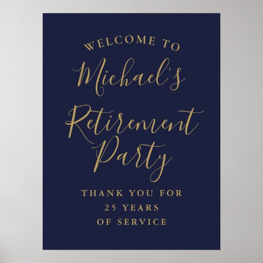 ネイビーブルーと金ゴールド退職パーティーウェルカムサイン ポスター (正面)