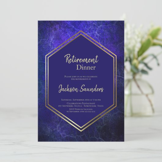 ネイビーブルーと金ゴールド退職夕食 招待状 (スタンド正面)