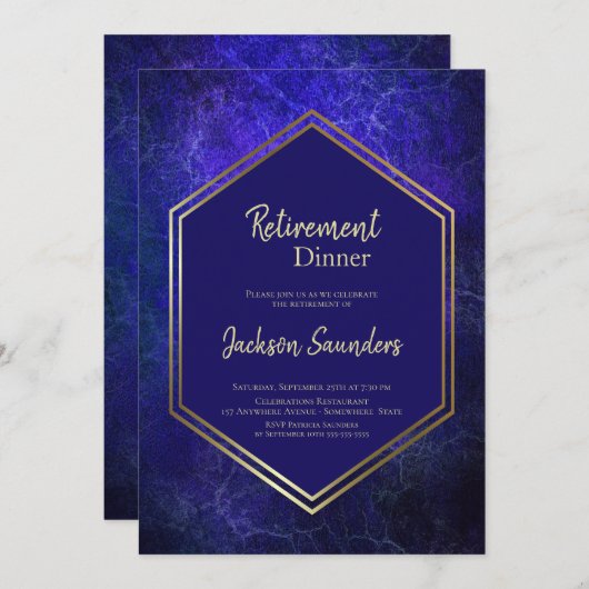ネイビーブルーと金ゴールド退職夕食 招待状 (正面/裏面)