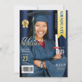 ネイビーブルーと金ゴールド雑誌の卒業写真 招待状 (正面)