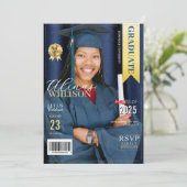 ネイビーブルーと金ゴールド雑誌の卒業写真 招待状 (スタンド正面)