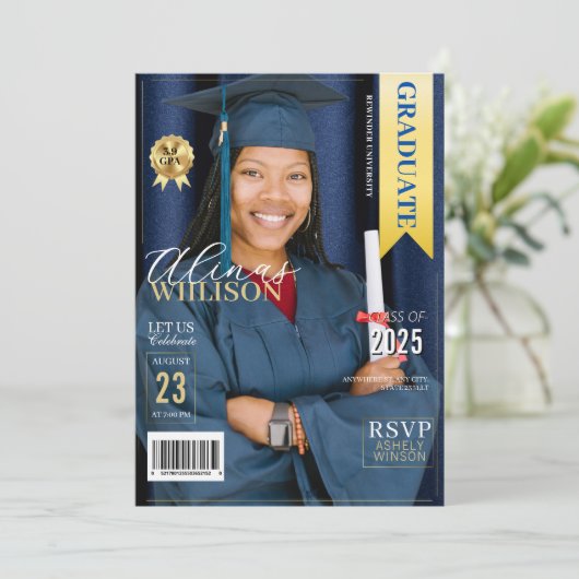 ネイビーブルーと金ゴールド雑誌の卒業写真 招待状 (スタンド正面)