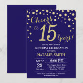 ネイビーブルーと金ゴールド15誕生日ダイヤモンド 招待状 (正面/裏面)