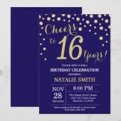 ネイビーブルーと金ゴールド16誕生日ダイヤモンド 招待状 (正面/裏面)