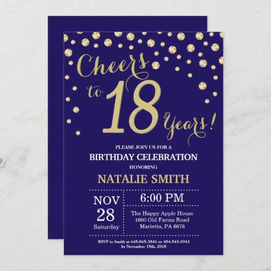ネイビーブルーと金ゴールド18誕生日ダイヤモンド 招待状 (正面/裏面)