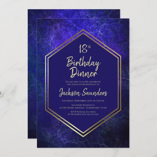 ネイビーブルーと金ゴールド18誕生日ディナーパーティー 招待状 (正面/裏面)