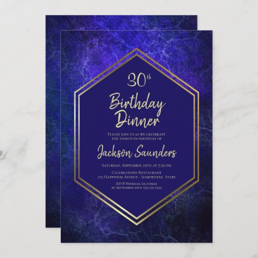 ネイビーブルーと金ゴールド30thバースデーディナーパーティー 招待状 (正面/裏面)
