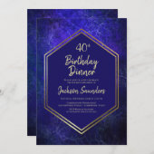 ネイビーブルーと金ゴールド40thバースデーディナーパーティー 招待状 (正面/裏面)