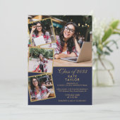 ネイビーブルーと金ゴールド5写真卒業パーティー 招待状 (スタンド正面)