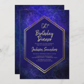 ネイビーブルーと金ゴールド50th誕生日ディナーパーティー 招待状 (正面/裏面)