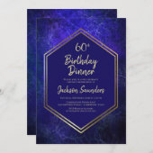 ネイビーブルーと金ゴールド60th誕生日ディナーパーティー 招待状 (正面/裏面)