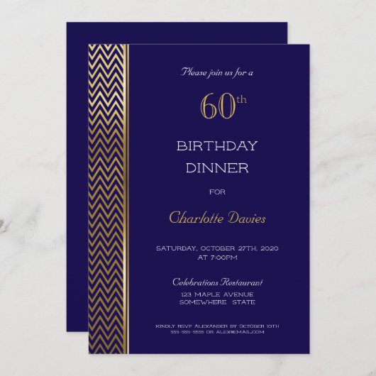 ネイビーブルーと金ゴールド60th誕生日ディナー 招待状 (正面/裏面)