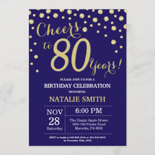 ネイビーブルーと金ゴールド80番目の誕生日ダイヤモンド 招待状