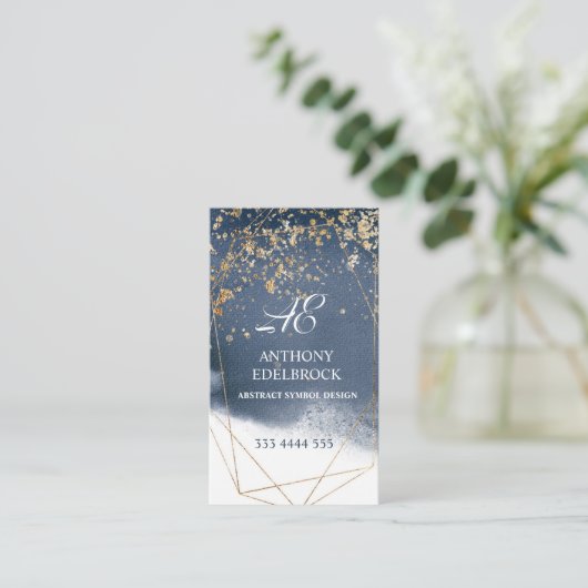 ネイビーブルーと金ゴールド、ジオメトリデザイン 名刺 (スタンド正面)