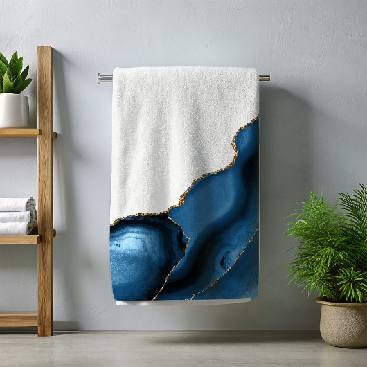 ネイビーブルーと金属製金ゴールド瑪瑙 バスタオルセット