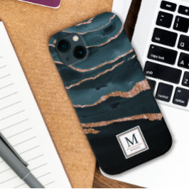 ネイビーブルーと銅エレガント抽象芸術水色 iPhone 13ケース