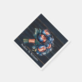 ネイビーブルーと銅牡丹ブーケ結婚ウッド スタンダードカクテルナプキン (角)