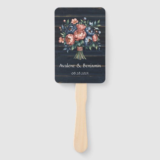 ネイビーブルーと銅牡丹ブーケ結婚ウッド ハンドファン (正面)