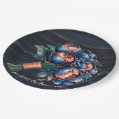 ネイビーブルーと銅牡丹ブーケ結婚ウッド ペーパープレート (アングル)