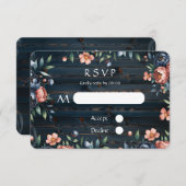 ネイビーブルーと銅牡丹ブーケ結婚ウッド 出欠カード (正面/裏面)