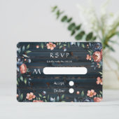 ネイビーブルーと銅牡丹ブーケ結婚ウッド 出欠カード (スタンド正面)