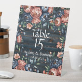 ネイビーブルーと銅牡丹結婚ウッドのテーブル番号 台座サイン (インサイチュ)