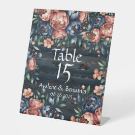 ネイビーブルーと銅牡丹結婚ウッドのテーブル番号 台座サイン