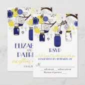 ネイビーブルーと黄色のメイソンジャー 出席お願い状 出欠カード (正面/裏面)