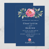 ネイビーブルーと 淡いピンクの花をあしらった エレガントなウェディングスタイル 招待状 (正面/裏面)