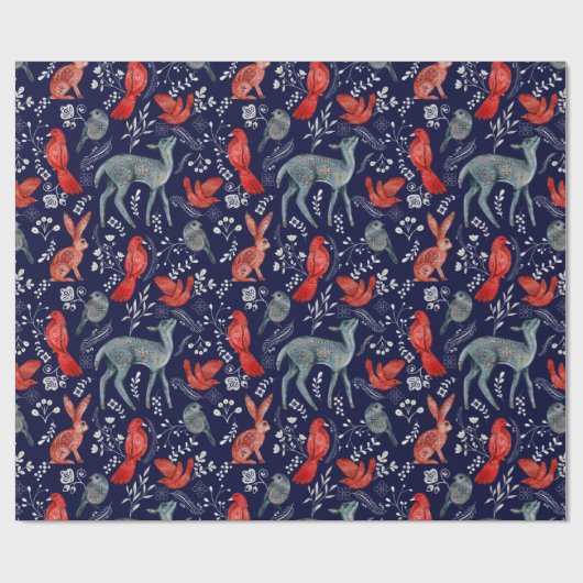 ネイビーブルーにかわいい森林動物の模様 ラッピングペーパー (フラット)
