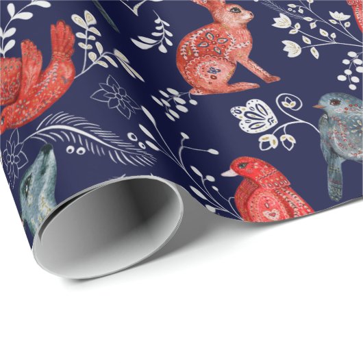 ネイビーブルーにかわいい森林動物の模様 ラッピングペーパー (ロールコーナー)