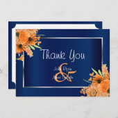 ネイビーブルーにオレンジの花 - ありがとう サンキューカード (正面/裏面)
