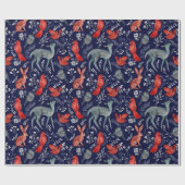 ネイビーブルーにキュートな森の動物たちのパターン ラッピングペーパー (フラット)