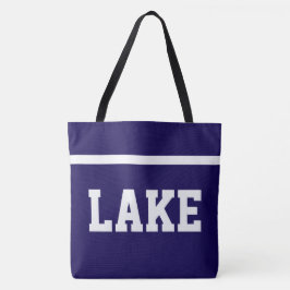 ネイビーブルーにホワイトの太字アスリーツボーダー LAKE トートバッグ
