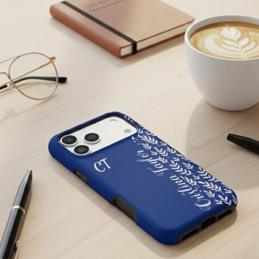 ネイビーブルーにモノグラムのサーモンピンクの葉模様 iPhoneケース