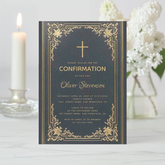 ネイビーブルーにヴィンテージゴールドのエレガントな少年確認式 招待状