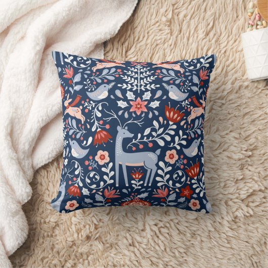 ネイビーブルーに北欧の森林動物模様 クッション (ブランケット)