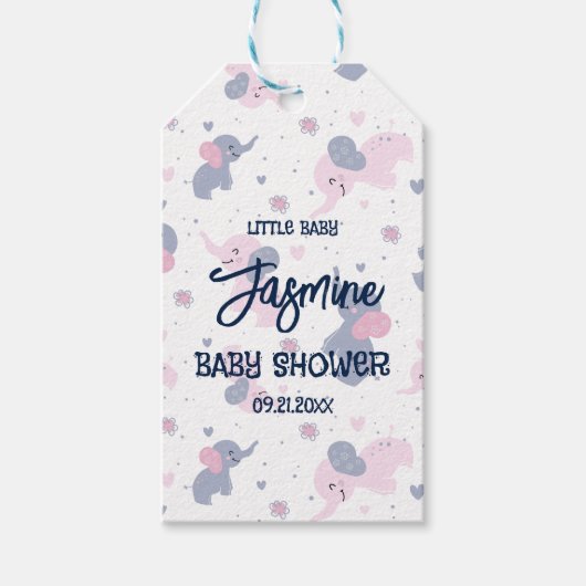 ネイビーブルーに可愛いカートゥーン象の模様 ギフトタグ (正面)