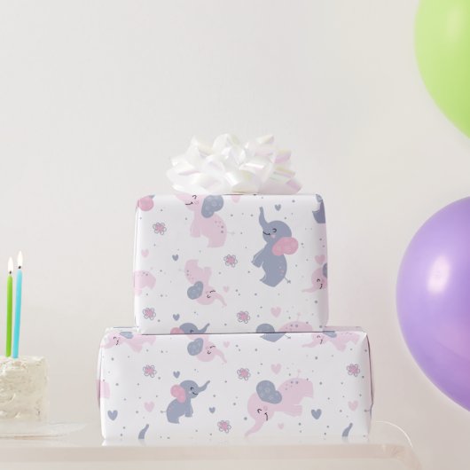 ネイビーブルーに可愛いカートゥーン象の模様 ラッピングペーパー (パーティーギフト)