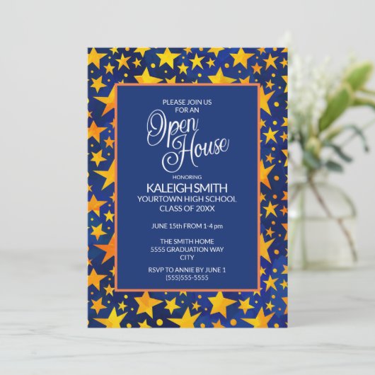 ネイビーブルーに金星 オープンハウス 卒業パーティー 招待状 (スタンド正面)