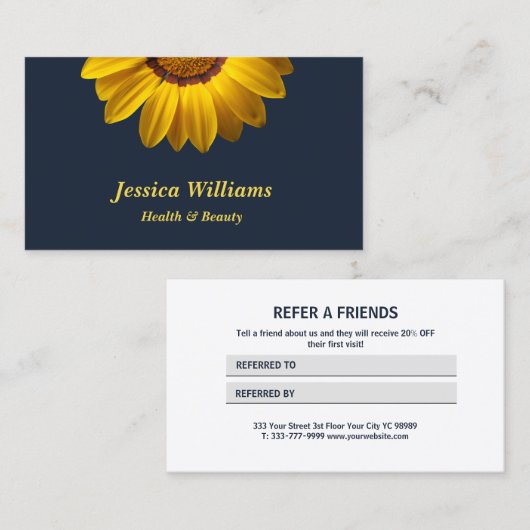 ネイビーブルーに黄色の花の背景モノグラムRe 紹介カード (正面/裏面)