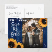 ネイビーブルーのひまわりの結婚式の写真の事前告知 案内ポストカード (正面/裏面)
