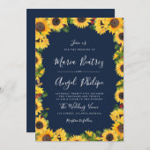 ネイビーブルーのひまわり花のウェディング 招待状 (正面/裏面)