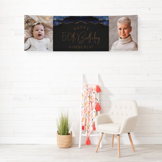 ネイビーブルーのアゲートの50歳の誕生日写真2枚付き 横断幕 (インサイチュ)