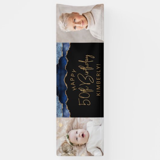 ネイビーブルーのアゲートの50歳の誕生日写真2枚付き 横断幕 (縦)