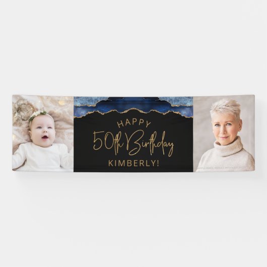 ネイビーブルーのアゲートの50歳の誕生日写真2枚付き 横断幕 (横)